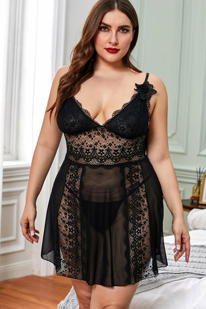 Color Block Hollow-out Lace Gauze Patchwork Plus Size Babydoll