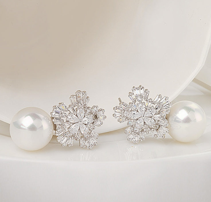 Classic Luxury Wedding Earring Charm Jewelry Elegant Zircon Crystal Flower Pearl Earrings For Women Bridesmaid Gift