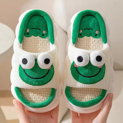 Frog Slippers For Women Men Cartoon Animal Cotton Slippers Fuzzy Plush Slides Winter Warm House Slippers Cartoon Animal Shape Slippers, Womens Four Seasons Home Linen Slippers