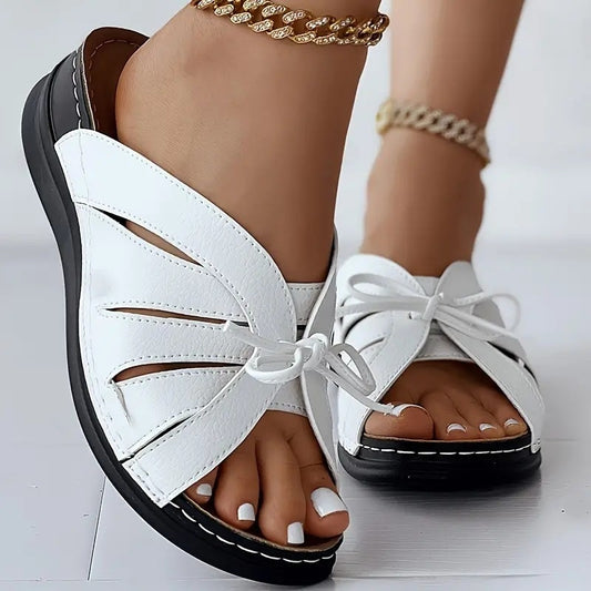 Plus Size Bow Flat Wedge Swing Line Hollow Sandals