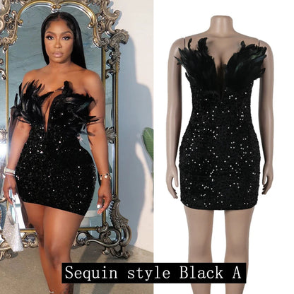 HLJ Black Feathers Sexy Luxury Sequin Tube Dress Backless Mini Bodycon Dresses for Woman Rave Club Birthday Party Night Vestidos