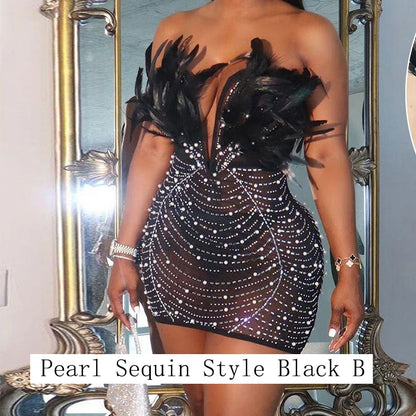 HLJ Black Feathers Sexy Luxury Sequin Tube Dress Backless Mini Bodycon Dresses for Woman Rave Club Birthday Party Night Vestidos