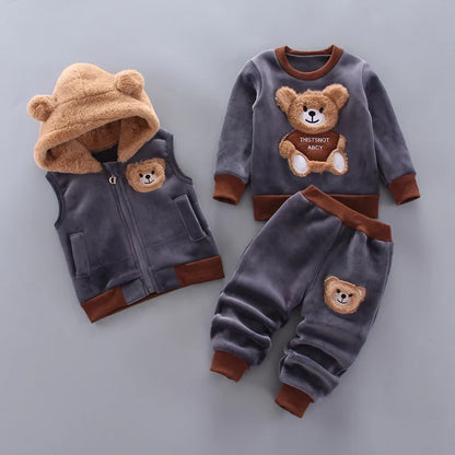 Baby Boys And Girls Clothing Set Tricken Fleece Children Hooded Outerwear Tops Pants 3PCS Outfits Kids Toddler Warm Costume Suit