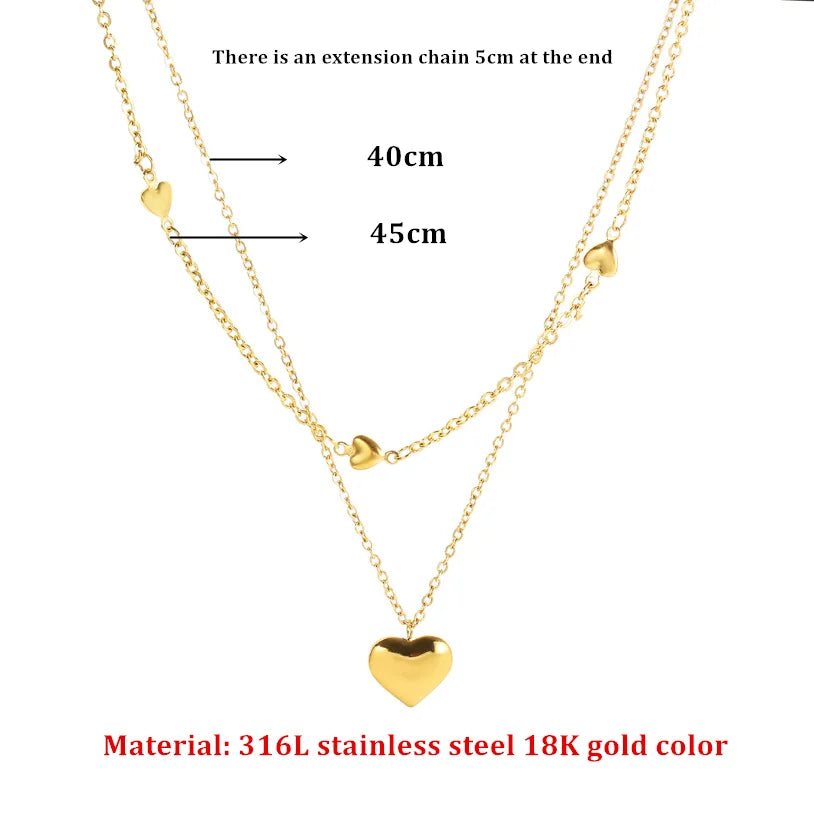 316L Stainless Steel New Fashion Fine Jewelry 2 Layer Lovers Many Love Heart Charms Chain Choker Necklaces & Pendants For Women