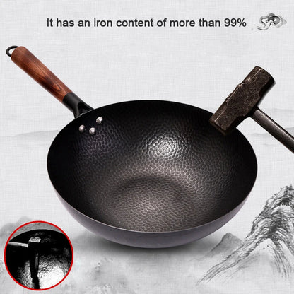 Konco Iron wok Cast iron pan Non-coated Pot General use for Gas and Induction Cooker 32cm Chinese Wok Cookware Pan Kitchen Tools