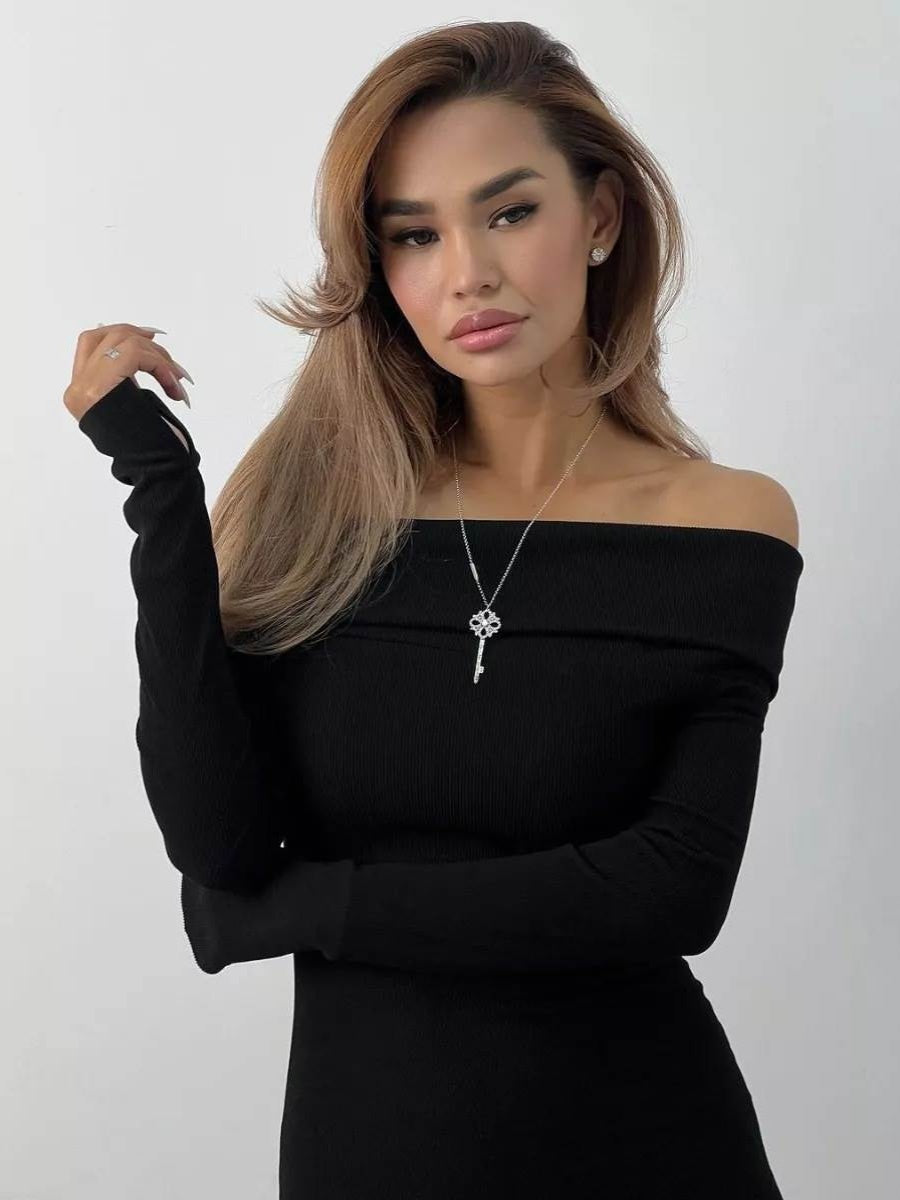 Long Sleeve Narrow off-the-Shoulder Slit Knitting Long Dress One Shoulder Dress Long Hip Sexy