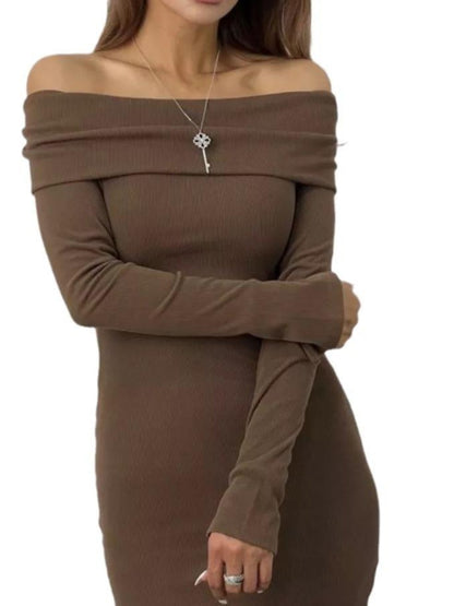 Long Sleeve Narrow off-the-Shoulder Slit Knitting Long Dress One Shoulder Dress Long Hip Sexy