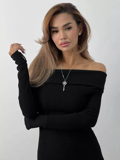 Long Sleeve Narrow off-the-Shoulder Slit Knitting Long Dress One Shoulder Dress Long Hip Sexy