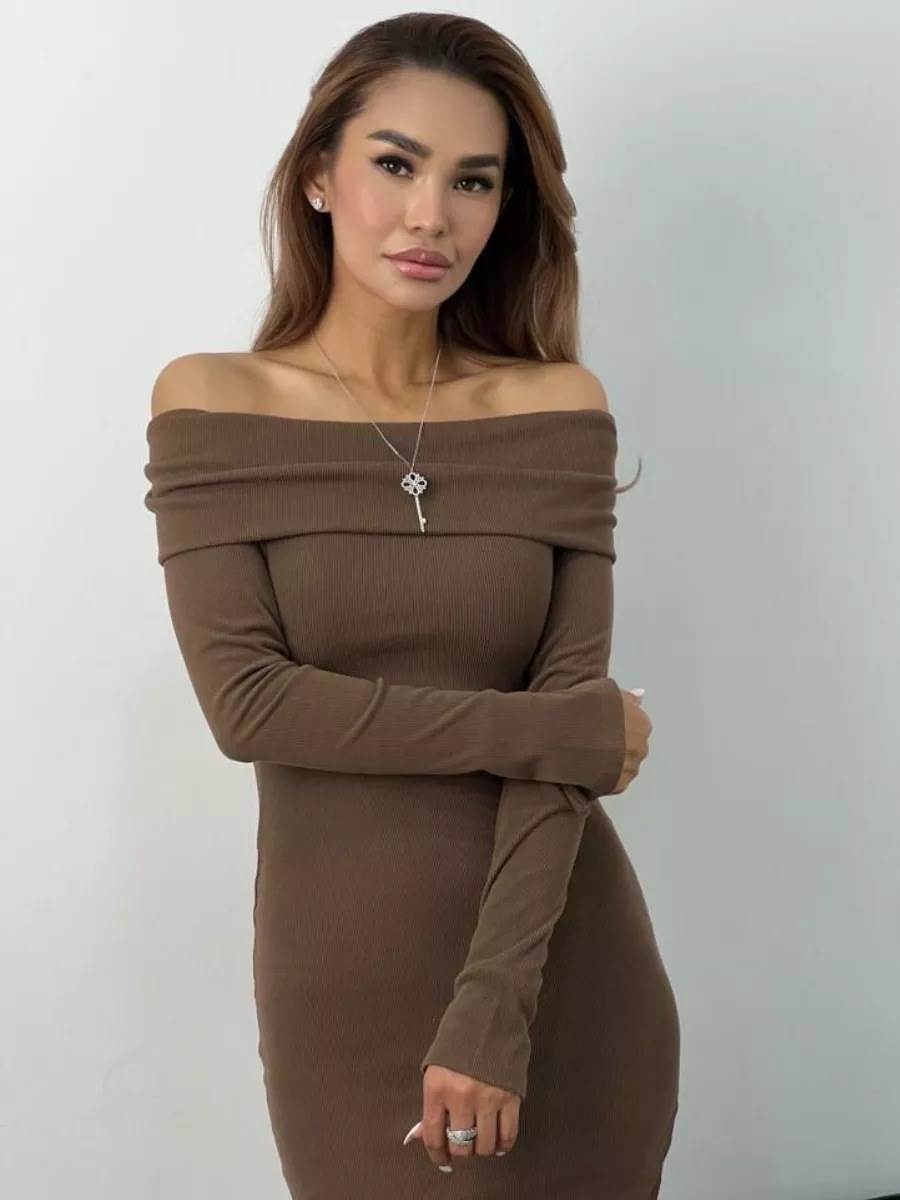 Long Sleeve Narrow off-the-Shoulder Slit Knitting Long Dress One Shoulder Dress Long Hip Sexy