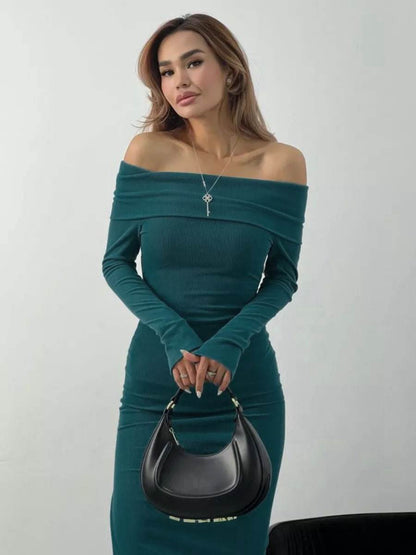 Long Sleeve Narrow off-the-Shoulder Slit Knitting Long Dress One Shoulder Dress Long Hip Sexy