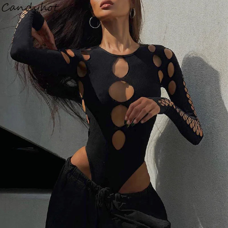 Candyhot Sexy Dot Hollow Out Bodysuit Y2K Gothic Punk Long Sleeves Bodycon T-shirt Women Autumn Streetwear Slim Bodice Bodysuits