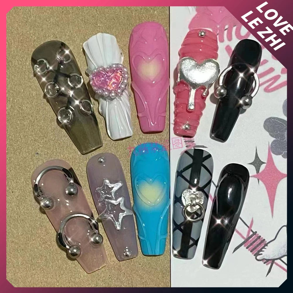 Y2K Long Coffin Handmade Press On Nails 3D Leopard Print with Five-Pointed Star Glitter Pearl Design Reusable Girls Fake Nails