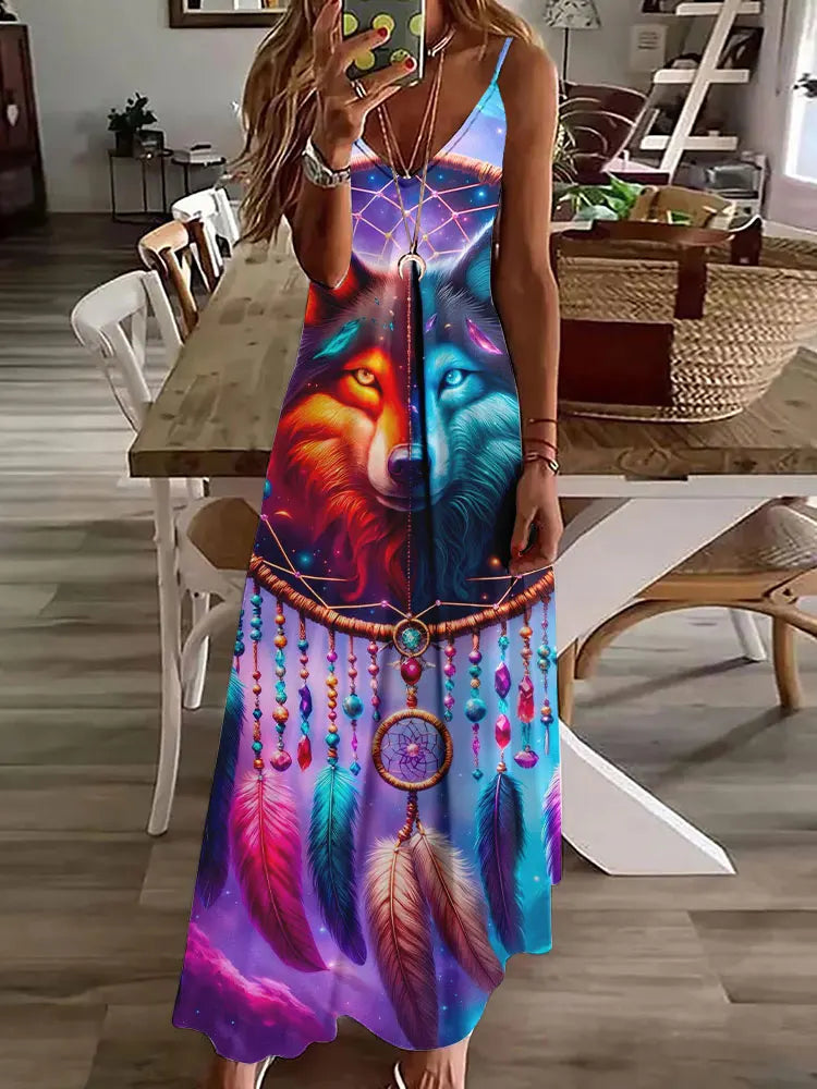 2024 New 3D Owl Vintage Print Sleeveless Vest Long Women's Tribal Pattern Spaghetti Strap Dress Summer Long Loose Vest Dresses