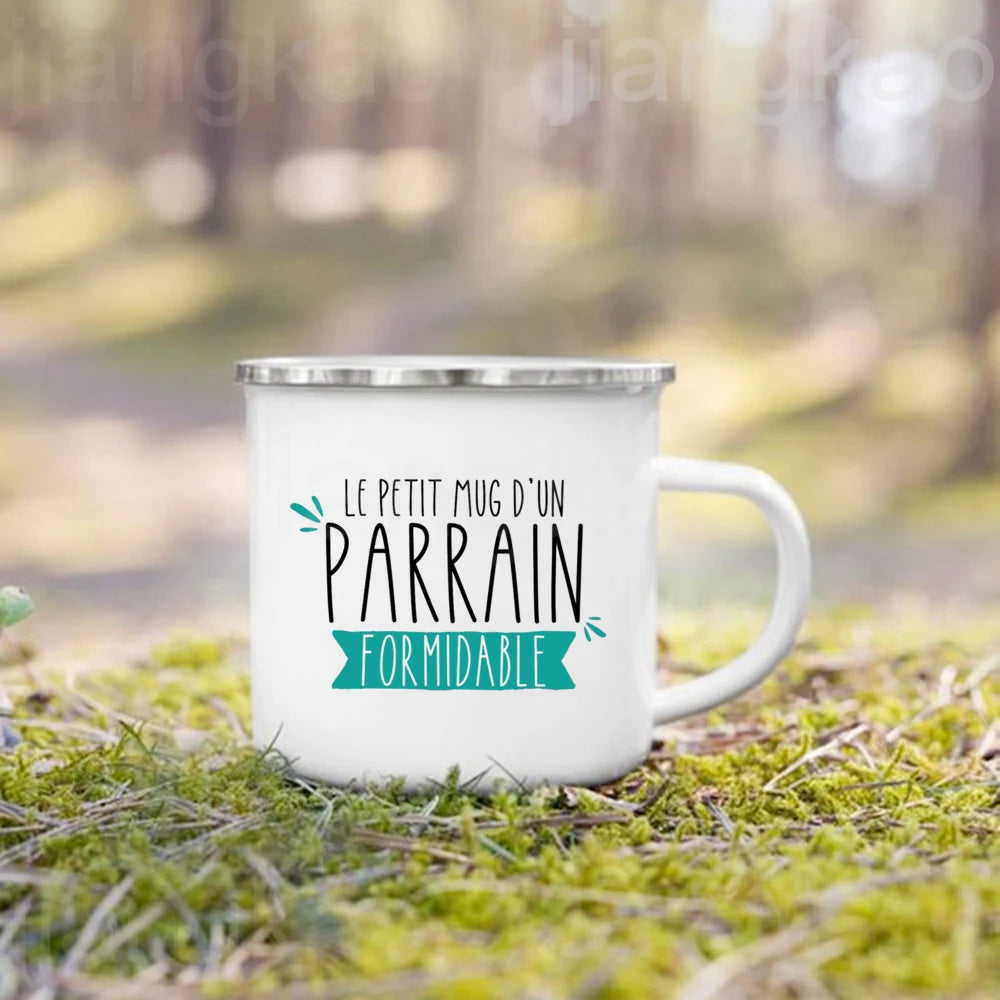 French Marraine Parrain Print Enamel Coffee Mug Drinks Milk Cup Camping Mugs Best Birthday Holiday Gift for Godmother Godfather