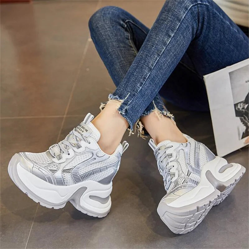 12cm Synthetic Air Mesh Genuine Leather Vulcanize Chunky Sneakers Summer Autumn Leisure Spring Women Platform Wedge Pumps