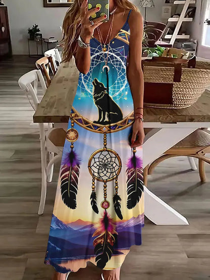 2024 New 3D Owl Vintage Print Sleeveless Vest Long Women's Tribal Pattern Spaghetti Strap Dress Summer Long Loose Vest Dresses