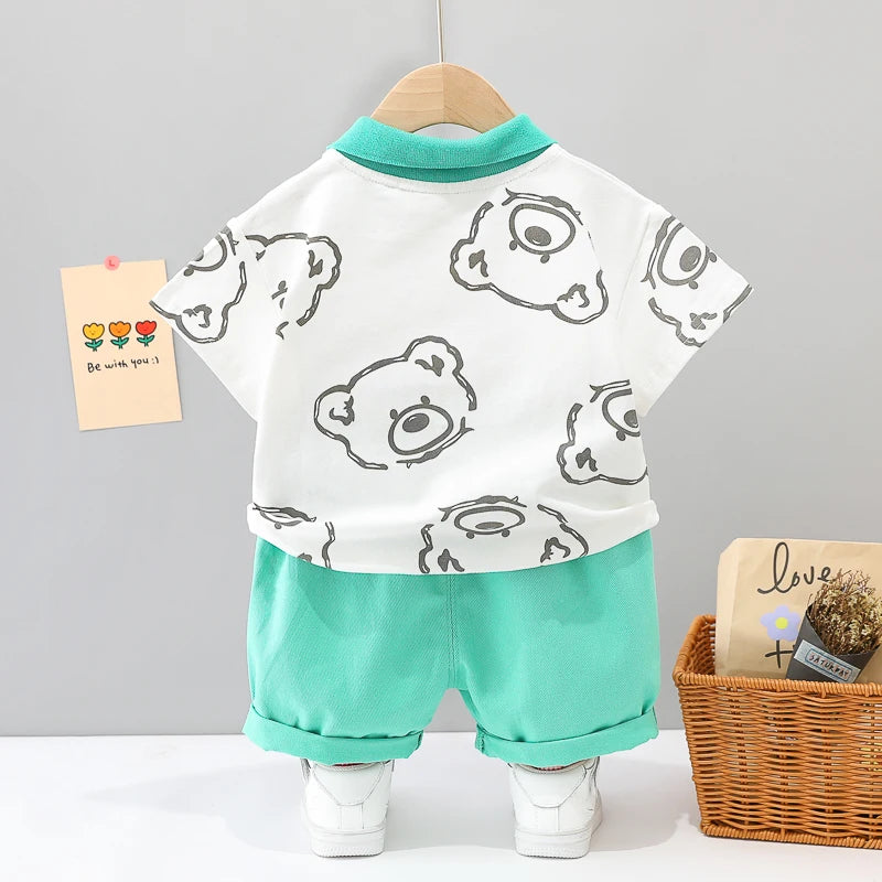 Summer New Baby Boys Clothes Set Kids Outfits Printed Bear Turn-down Collar T-Shirts Tops+ Shorts 2PCS/Suit Infant Clothing Sets