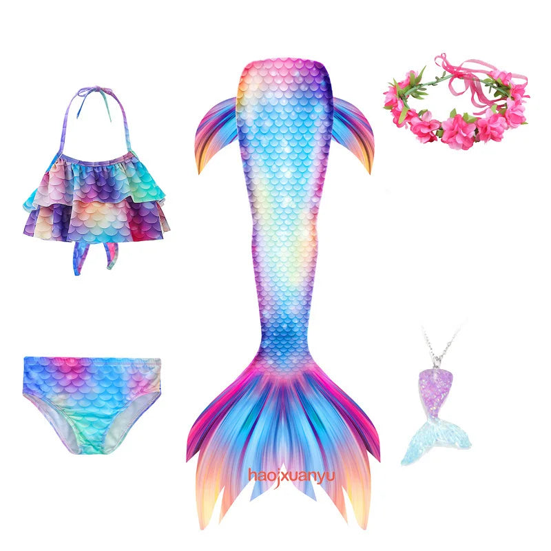 Haojxuanyu Children Mermaid Swimwear Girls Pink Blue Bikini Set Kids Swimsuit Cosplay Mermaid Tail Costume for Swimming