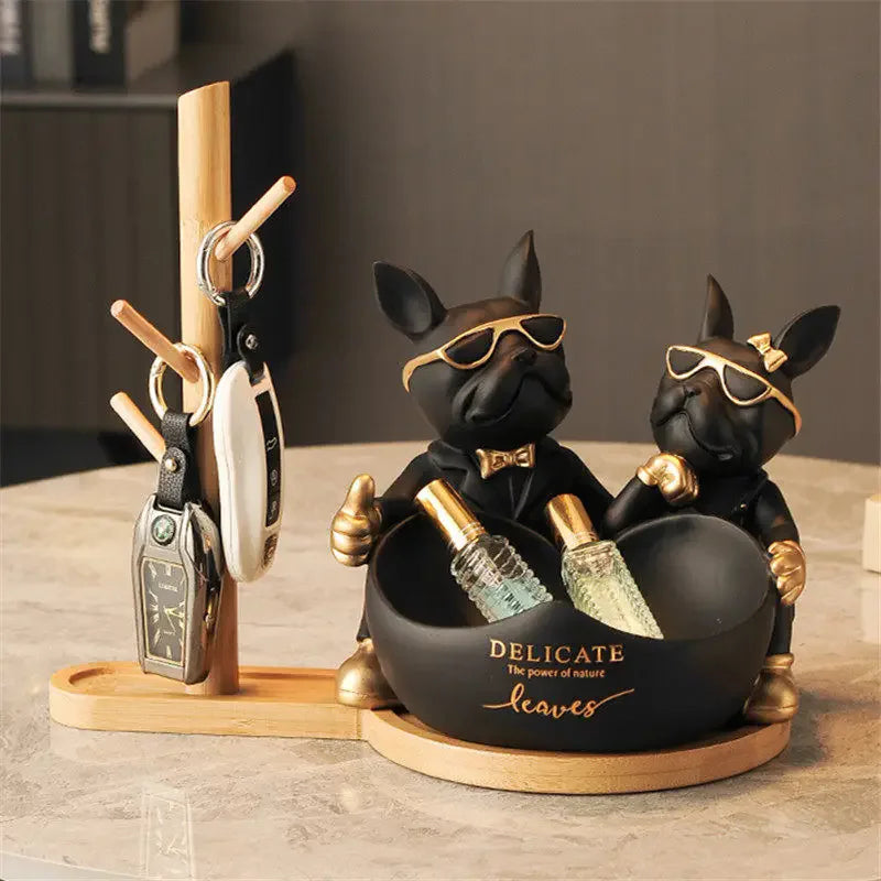 Lovers Bulldog Statue with Bowl Storage Box For Keys Jewelry French Bulldog Figurine Resin Home Décor Table Decoration Sulpture