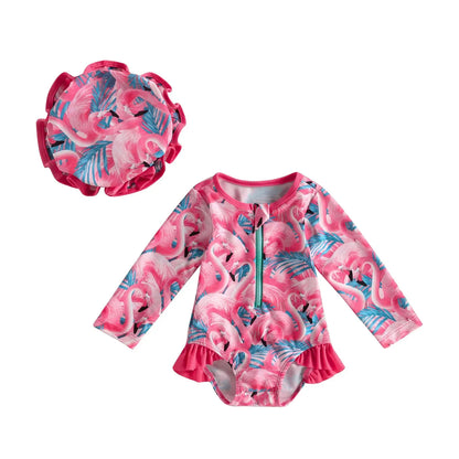 2024 Infant Baby Girl Summer Outfits Flamingo/Flower Print Long Sleeve Zipper Swimwear Jumpsuit Headband Girls Bathing Suits