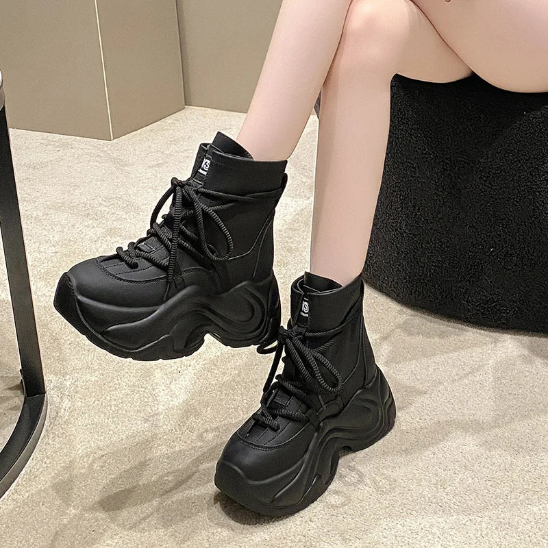 Women's Autumn Winter Ankle Leather Boots High Heel Motorcycle Boots Women's Thick Sole High Platform Combat Casual Shoes