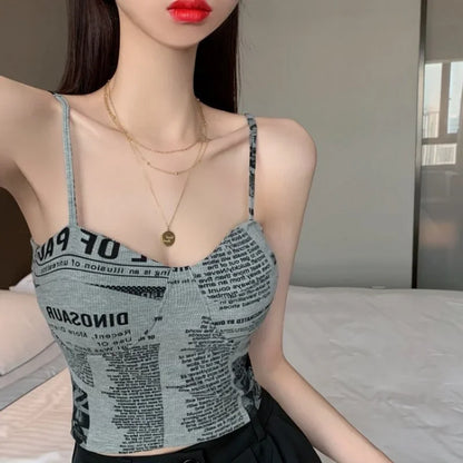 Women Push Up Camisole Padded Bra Sexy Top Suspender Tanks Fashion Printed Newspaper Camis Female Soft Sleeveless Tube Tops