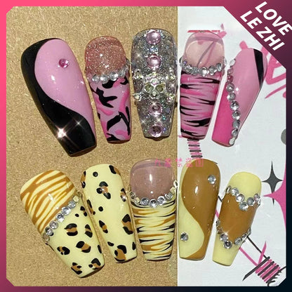 Y2K Long Coffin Handmade Press On Nails 3D Leopard Print with Five-Pointed Star Glitter Pearl Design Reusable Girls Fake Nails