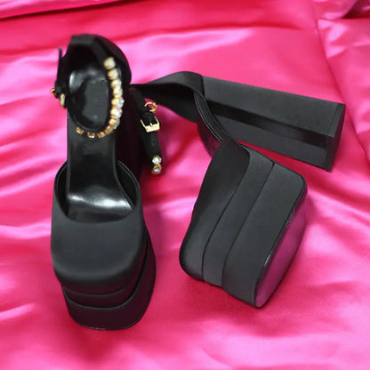 High Heels Women 2024 New Fashion Show 15cm Personality Super High Heel Waterproof Square Head Black Silk Runway Shoes