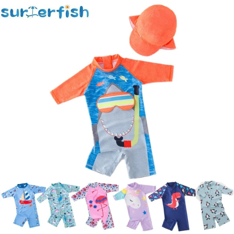 2024 baby boys girls swimwear with cap surfing Wear  swimming suit infant toddler kids children Sunscreen beach bathing Suit