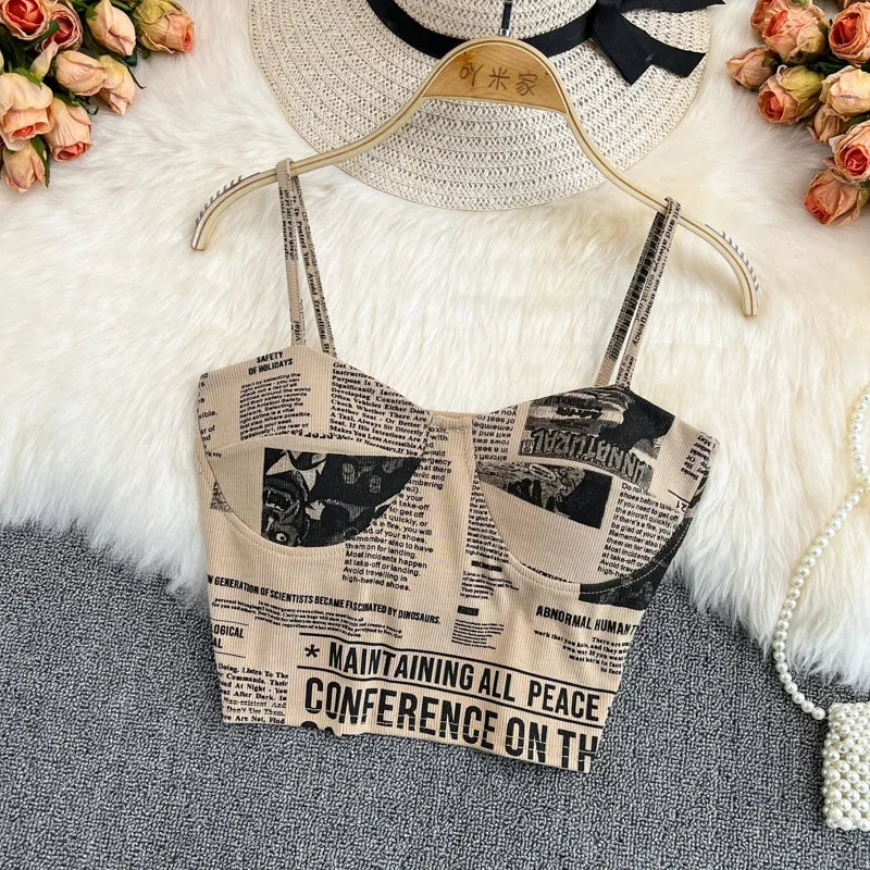 Women Push Up Camisole Padded Bra Sexy Top Suspender Tanks Fashion Printed Newspaper Camis Female Soft Sleeveless Tube Tops