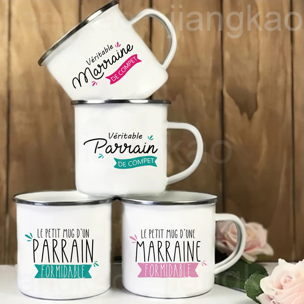 French Marraine Parrain Print Enamel Coffee Mug Drinks Milk Cup Camping Mugs Best Birthday Holiday Gift for Godmother Godfather