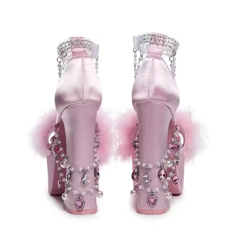 Sweet Pink Ostrich Feather Necklace Heart Chains Sandals Platform Chunky High Heels Wedding Shoes Peep Toe Lolita Shoes Woman