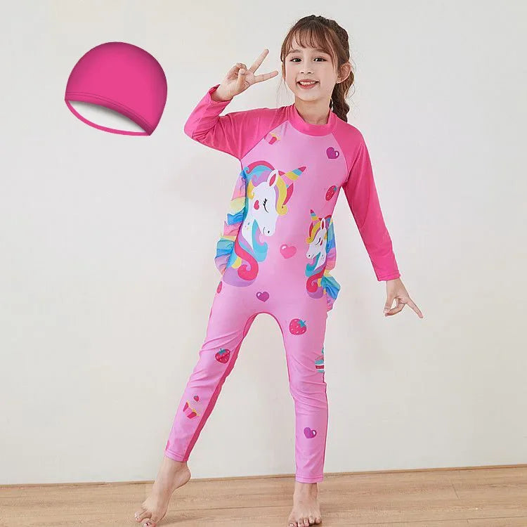 Kids Wet suit Long Sleeve Surfing Suit Rainbow Star Unicorn Diving Snorkeling Swimming Jumpsuit  Dive Swimwear Girls With Cap