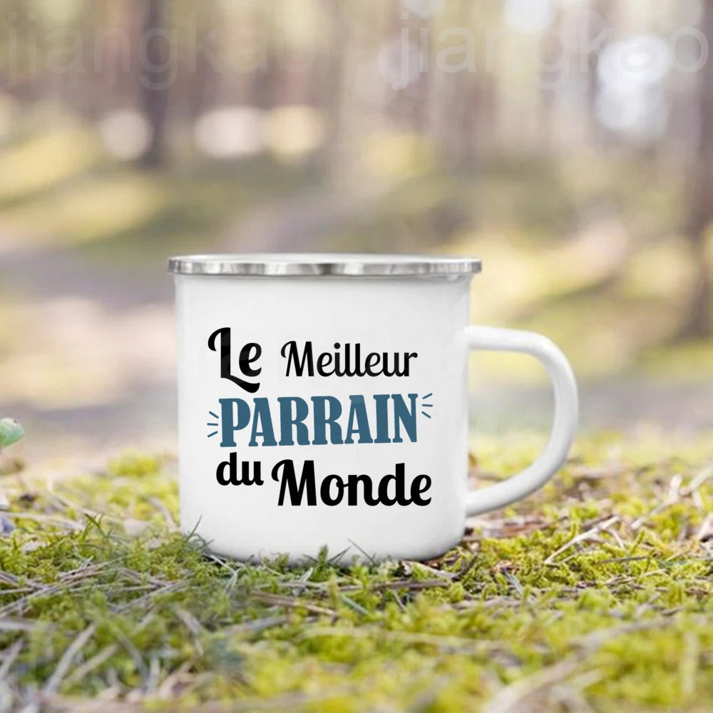 French Marraine Parrain Print Enamel Coffee Mug Drinks Milk Cup Camping Mugs Best Birthday Holiday Gift for Godmother Godfather