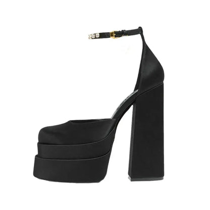 High Heels Women 2024 New Fashion Show 15cm Personality Super High Heel Waterproof Square Head Black Silk Runway Shoes