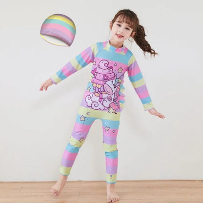 Kids Wet suit Long Sleeve Surfing Suit Rainbow Star Unicorn Diving Snorkeling Swimming Jumpsuit  Dive Swimwear Girls With Cap