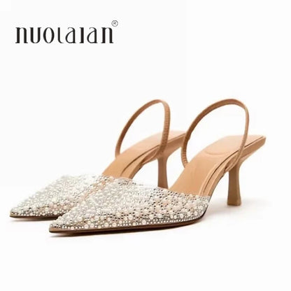 2024 Fashion Summer Women High Heels Pearl Decoration Slingback Woman Pumps Pointed Toe High Heels Sandals Elegant Woman Shoes