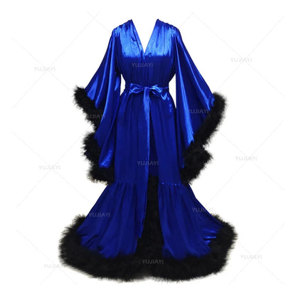 Bathrobe for Women Lingerie Flare Sleeves Bridal Feather Robe Silk Satin Luxury Long Wedding Dressing Gown Maternity Dress