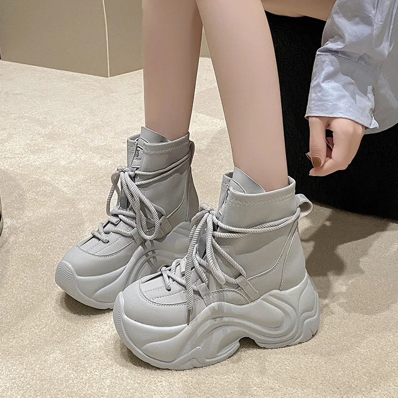 Women's Autumn Winter Ankle Leather Boots High Heel Motorcycle Boots Women's Thick Sole High Platform Combat Casual Shoes