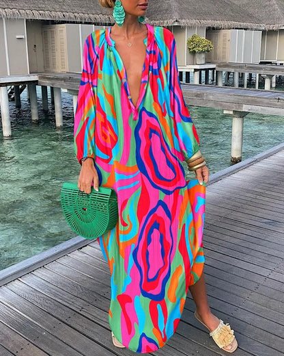 Elegant Women's Dresses 2023 Summer Casual Fashion Print V-Neck Loose Retro Comfortable Maxi Dress Female Robe S-XXXL