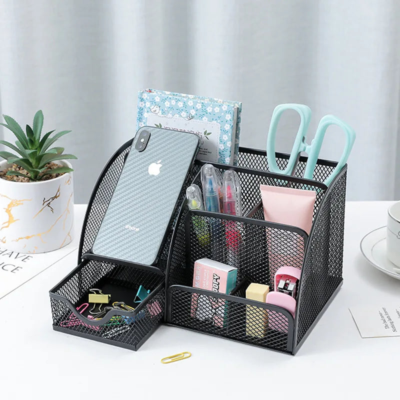 Multi grid metal creative pen holder and barrel wholesale multifunctional office stationery storage drawer style