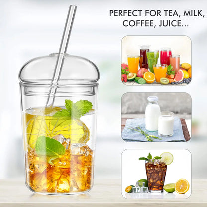 500ml Glass Coffee Cups With Lids Straws,Clear Smoothie Glasses,Round Dome Tumbler,Beer Mug,for Iced Tea Juice,Summer Drinkware