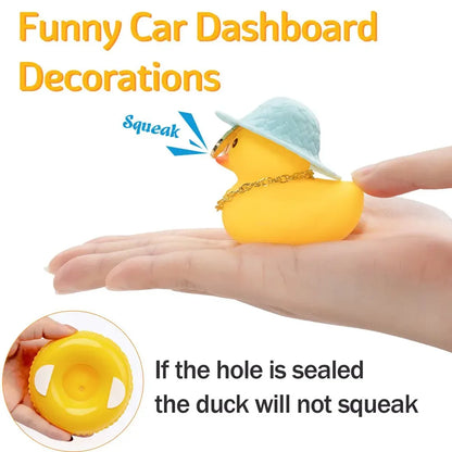 Car Duck Car Rubber Dashboard Decorations Ornament Yellow Duck with Mini Swim Ring Sun Cowboy Hat Necklace for Auto Office