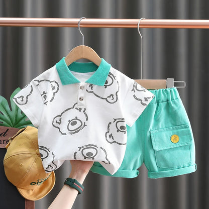 Summer New Baby Boys Clothes Set Kids Outfits Printed Bear Turn-down Collar T-Shirts Tops+ Shorts 2PCS/Suit Infant Clothing Sets