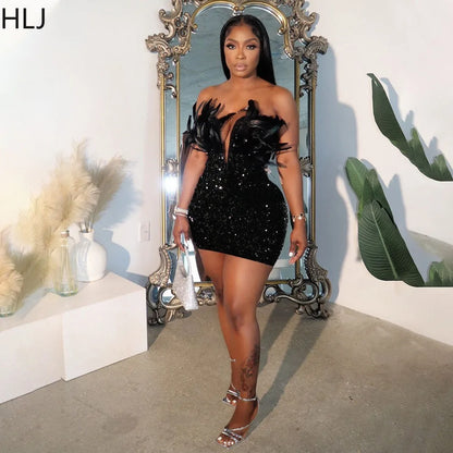 HLJ Black Feathers Sexy Luxury Sequin Tube Dress Backless Mini Bodycon Dresses for Woman Rave Club Birthday Party Night Vestidos