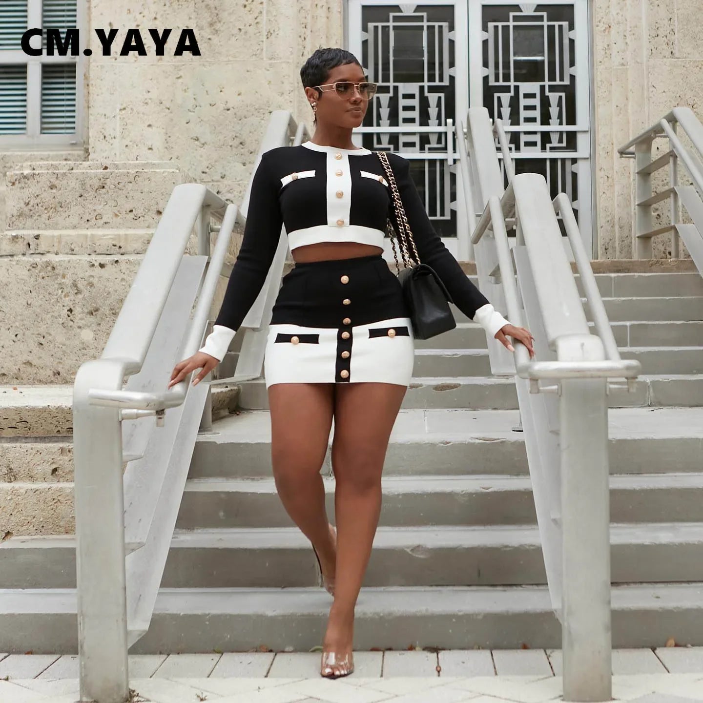 CM.YAYA Women Patchwork Vintage Bodycon Midi Mini Skirts Suit with Jumper Tops Matching Two 2 Piece Set Outfits