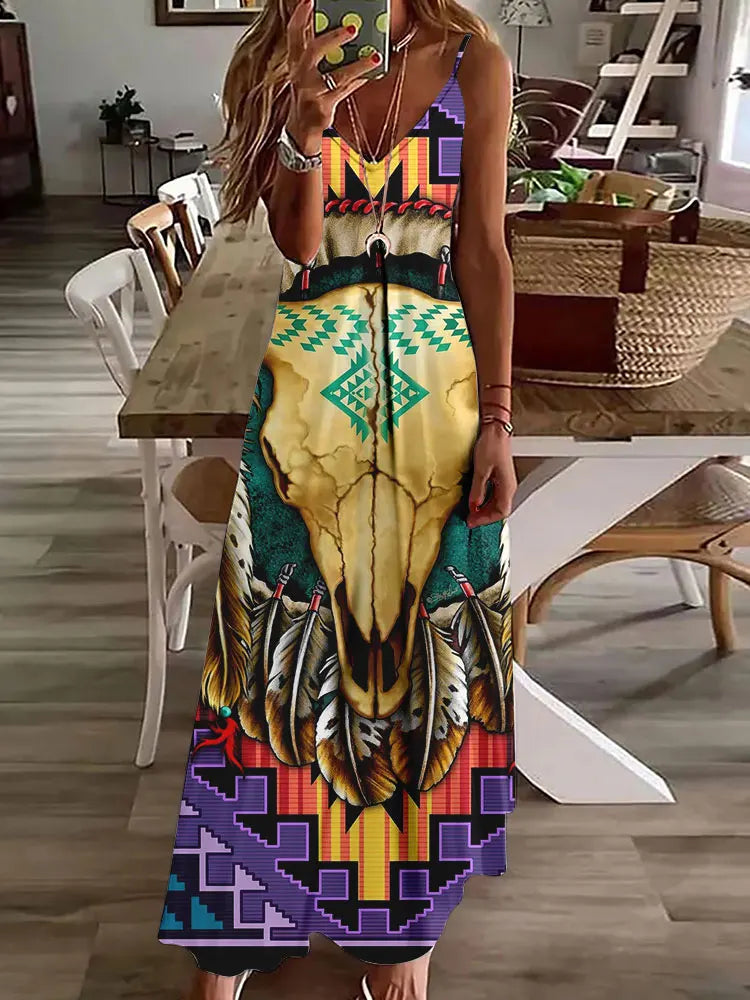 2024 New 3D Owl Vintage Print Sleeveless Vest Long Women's Tribal Pattern Spaghetti Strap Dress Summer Long Loose Vest Dresses