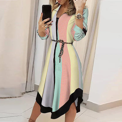 Women Dress Mid Length Dresses Print Plaid Turn Down Collar Full Sleeve A Line Tight High Waist Elegant Splice Summer Vestidos