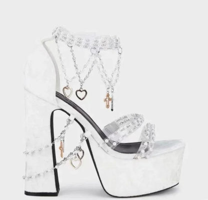 Velvet Bling Beads Tassels High Heel Sandals Pearl Beaded Platform Chunky Sandal Solid Hollow Luxury Peep-Toe Sexy Shoes Summer