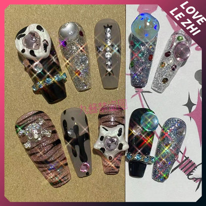 Y2K Long Coffin Handmade Press On Nails 3D Leopard Print with Five-Pointed Star Glitter Pearl Design Reusable Girls Fake Nails